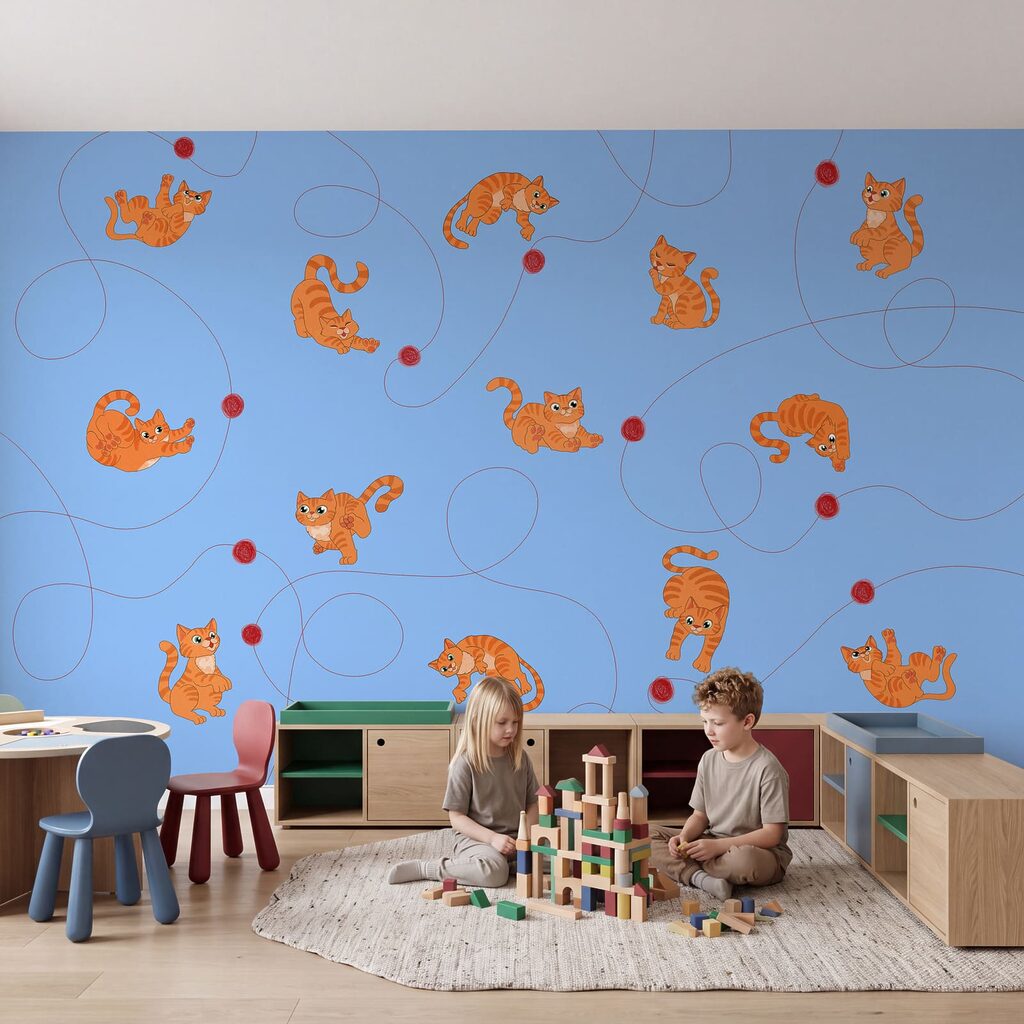 Wall mural Pattern of cats and a ball (SKU: t01105v1) Wall mural Pattern of cats and a ball (SKU: t01105v1)