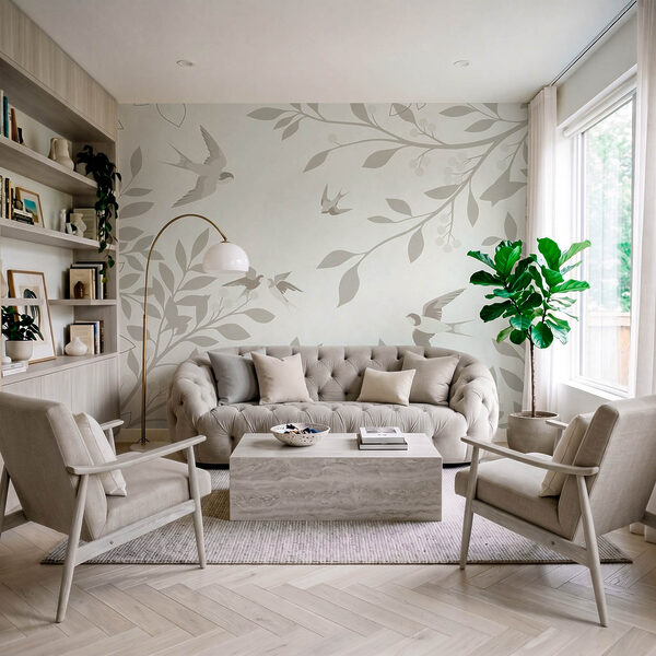 Wall mural White background with birds and leaves (SKU: t01090)