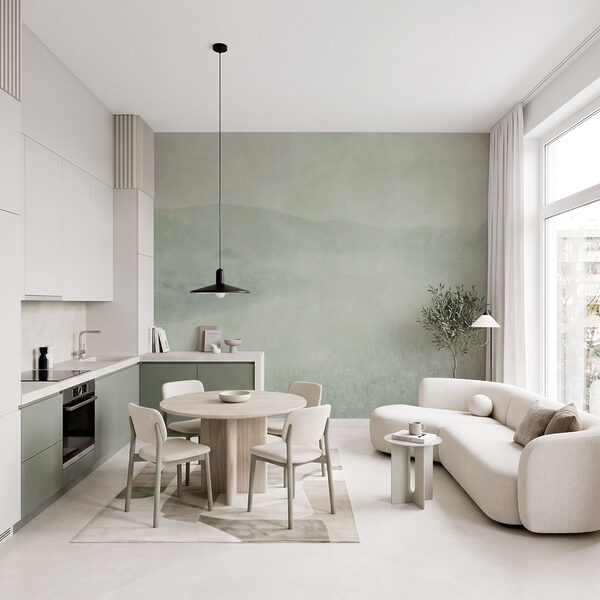Wall mural Foggy landscape with a river and hills (SKU: t01091)