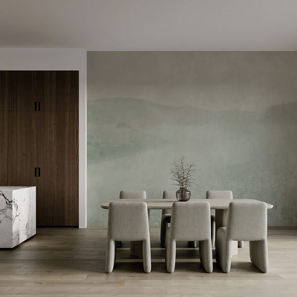 Wall mural Foggy landscape with a river and hills (SKU: t01091) Wall mural Foggy landscape with a river and hills (SKU: t01091)