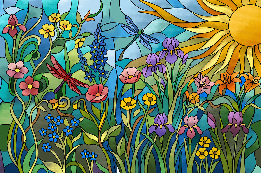 Wall mural Stained glass window with flowers and dragonflies (SKU: t01120)