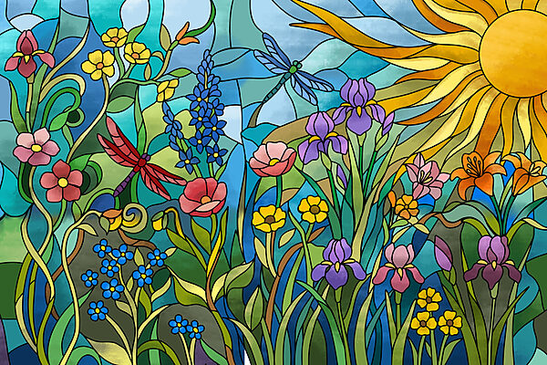 Wall mural Stained glass window with flowers and dragonflies (SKU: t01120)