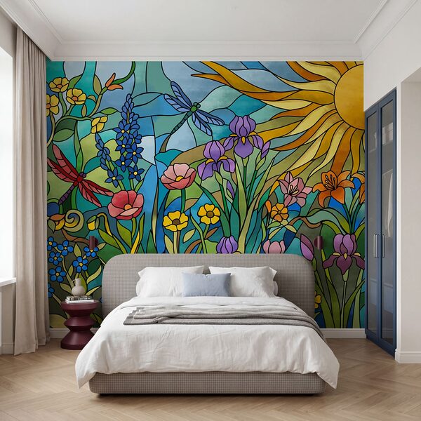 Wall mural Stained glass window with flowers and dragonflies (SKU: t01120)