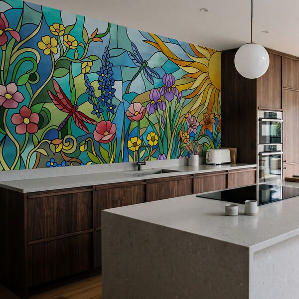 Wall mural Stained glass window with flowers and dragonflies (SKU: t01120)
