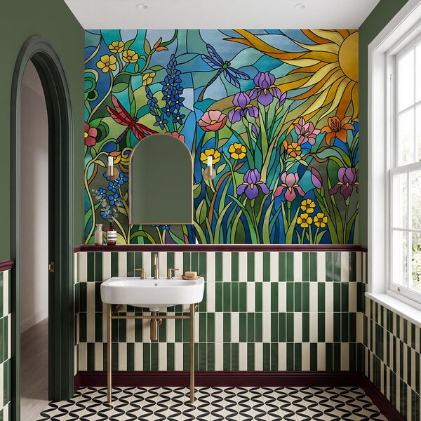 Wall mural Stained glass window with flowers and dragonflies (SKU: t01120)