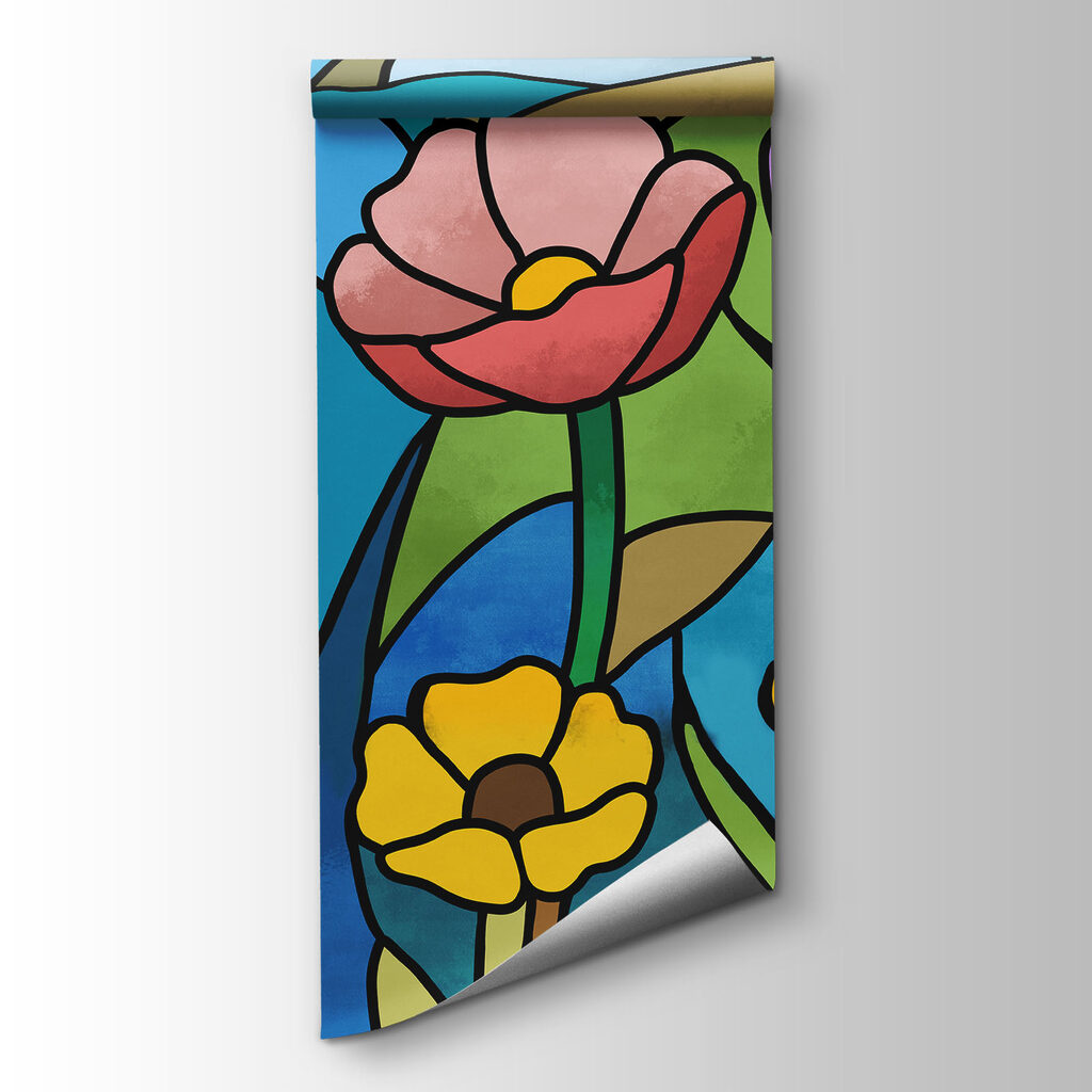 Wall mural Stained glass window with flowers and dragonflies (SKU: t01120)