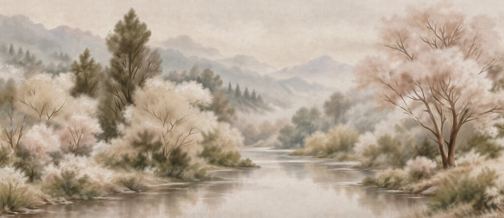 Wall mural River with trees and mountains in the background (SKU: t01130) Wall mural River with trees and mountains in the background (SKU: t01130)