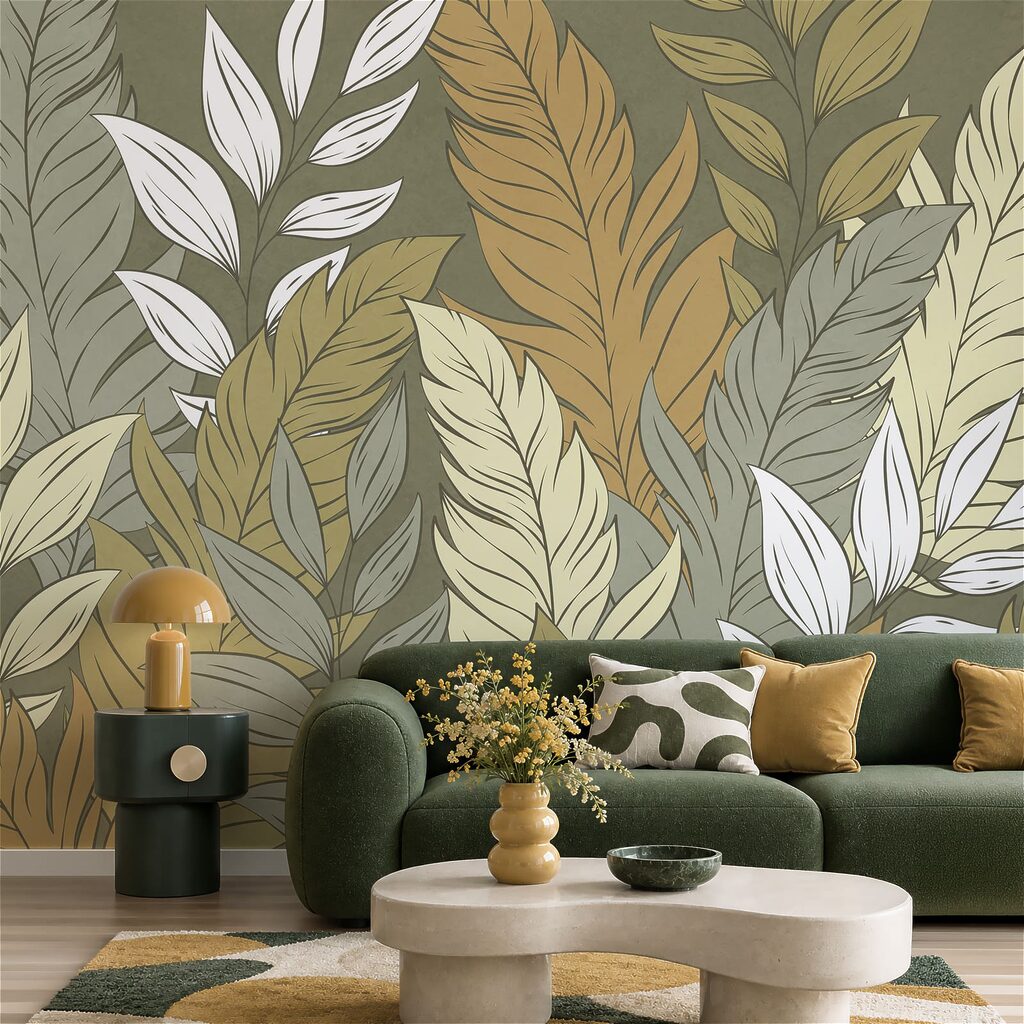 Wall mural Pattern of feathers and leaves (SKU: t01135) Wall mural Pattern of feathers and leaves (SKU: t01135)