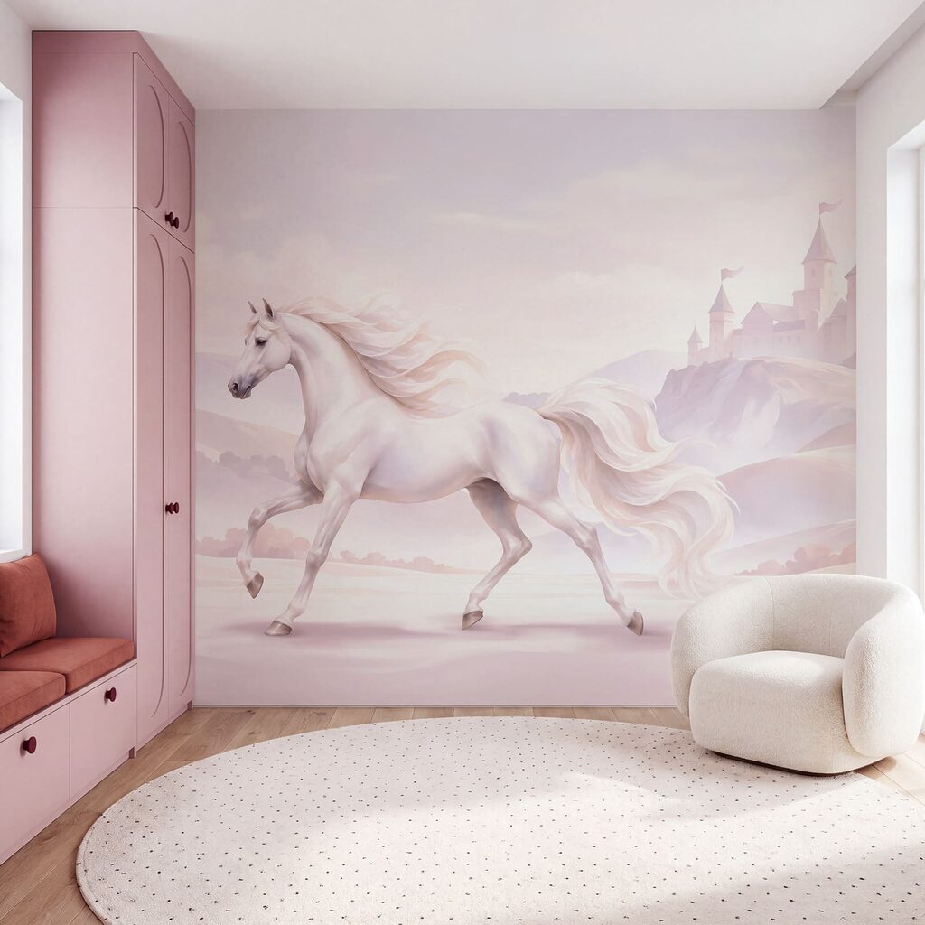 Wall mural White horse running in a snowy landscape (SKU: t01157) Wall mural White horse running in a snowy landscape (SKU: t01157)