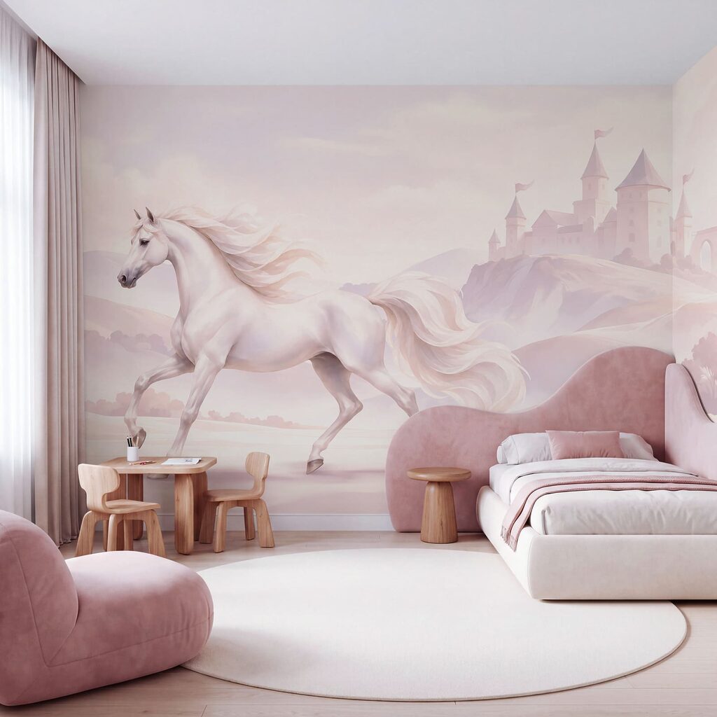 Wall mural White horse running in a snowy landscape (SKU: t01157) Wall mural White horse running in a snowy landscape (SKU: t01157)