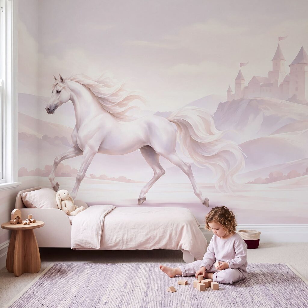 Wall mural White horse running in a snowy landscape (SKU: t01157) Wall mural White horse running in a snowy landscape (SKU: t01157)