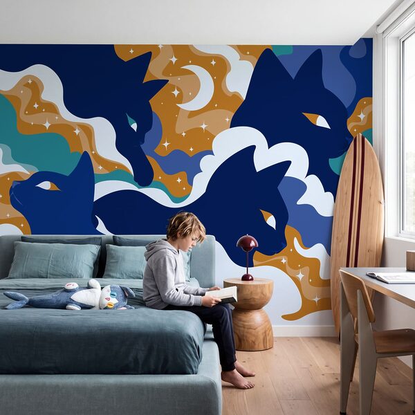 Wall mural Blue cats in the sky (SKU: t01136) Wall mural Blue cats in the sky (SKU: t01136)
