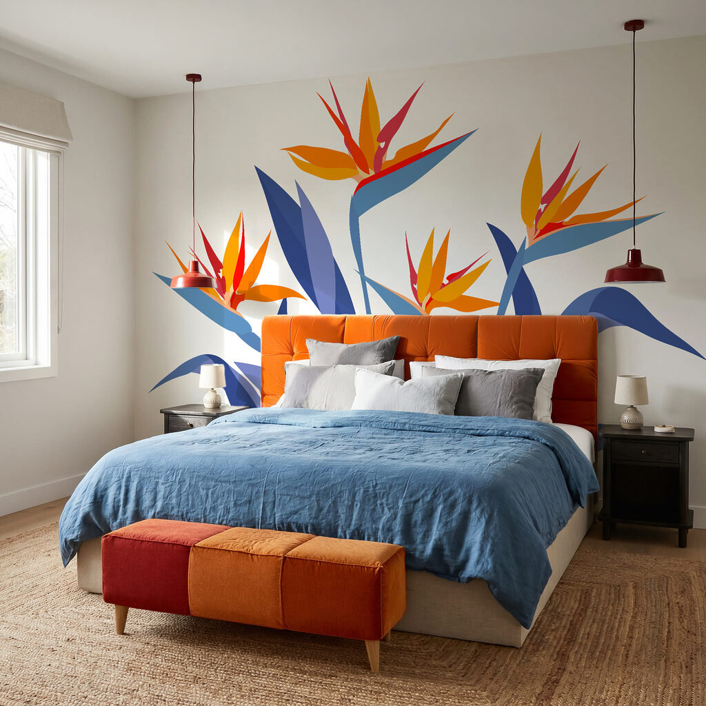 Wall mural Colorful flowers with leaves (SKU: t01139) Wall mural Colorful flowers with leaves (SKU: t01139)