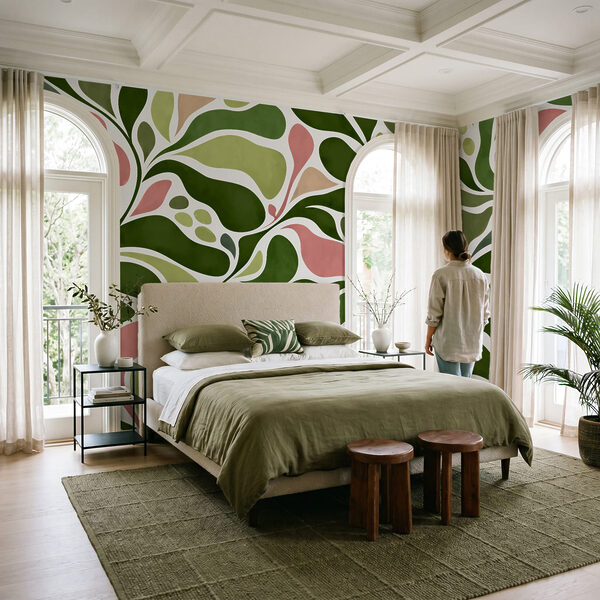 Wall mural Pattern of green and pink leaves (SKU: t01142v2) Wall mural Pattern of green and pink leaves (SKU: t01142v2)