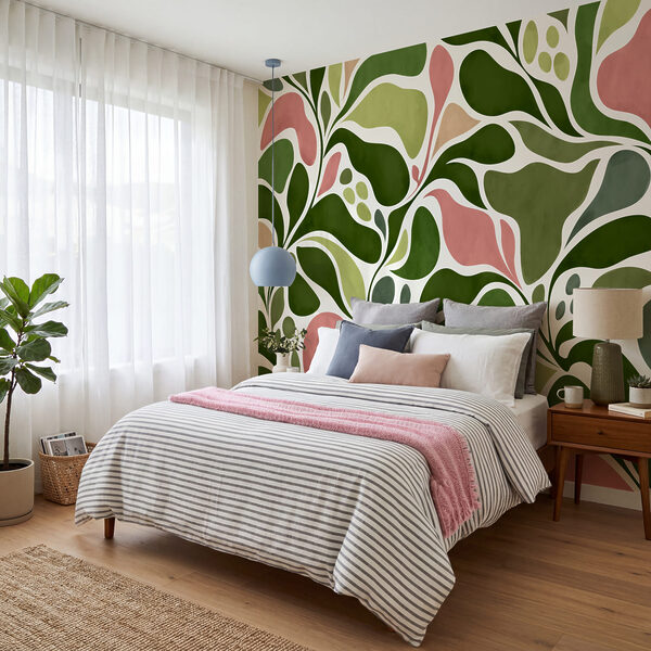 Wall mural Pattern of green and pink leaves (SKU: t01142v2) Wall mural Pattern of green and pink leaves (SKU: t01142v2)