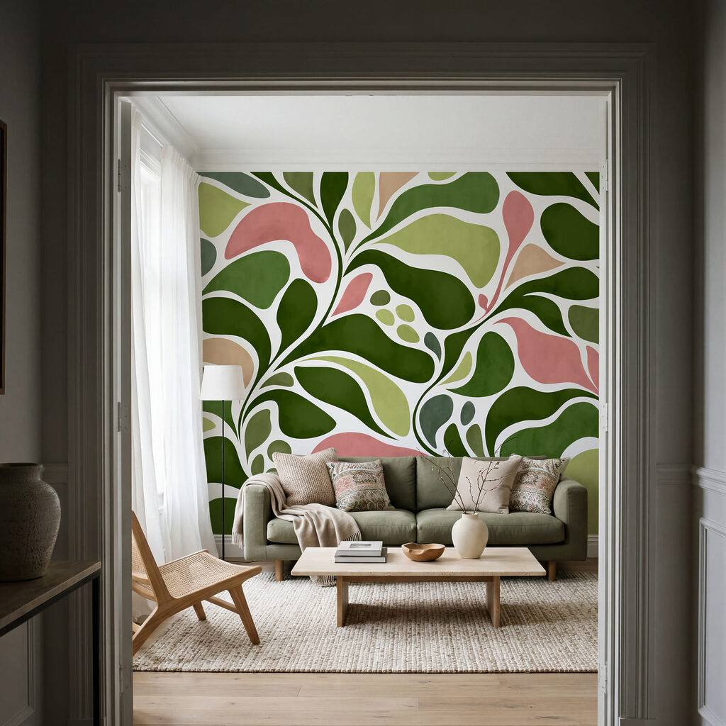Wall mural Pattern of green and pink leaves (SKU: t01142v2) Wall mural Pattern of green and pink leaves (SKU: t01142v2)
