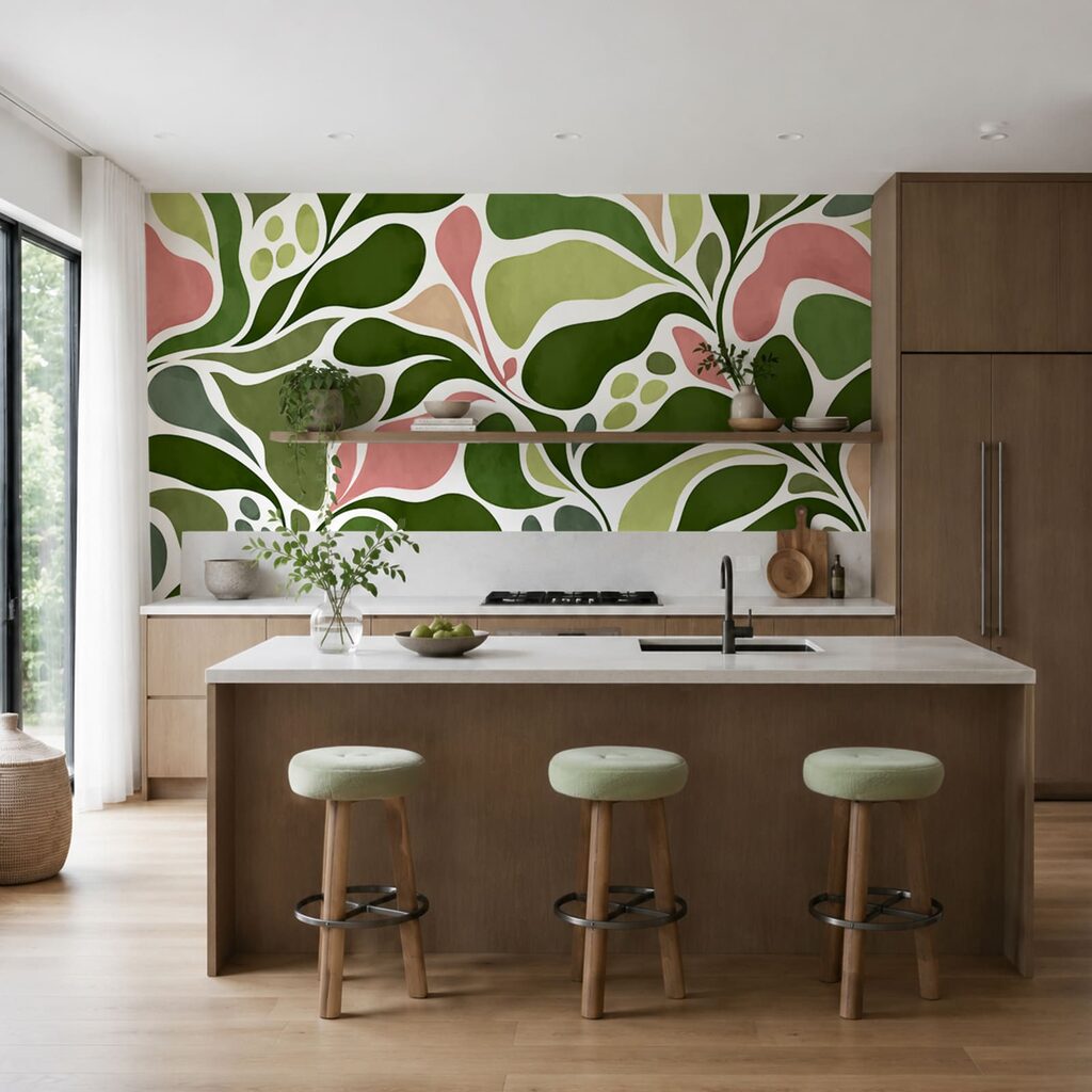 Wall mural Pattern of green and pink leaves (SKU: t01142v2) Wall mural Pattern of green and pink leaves (SKU: t01142v2)