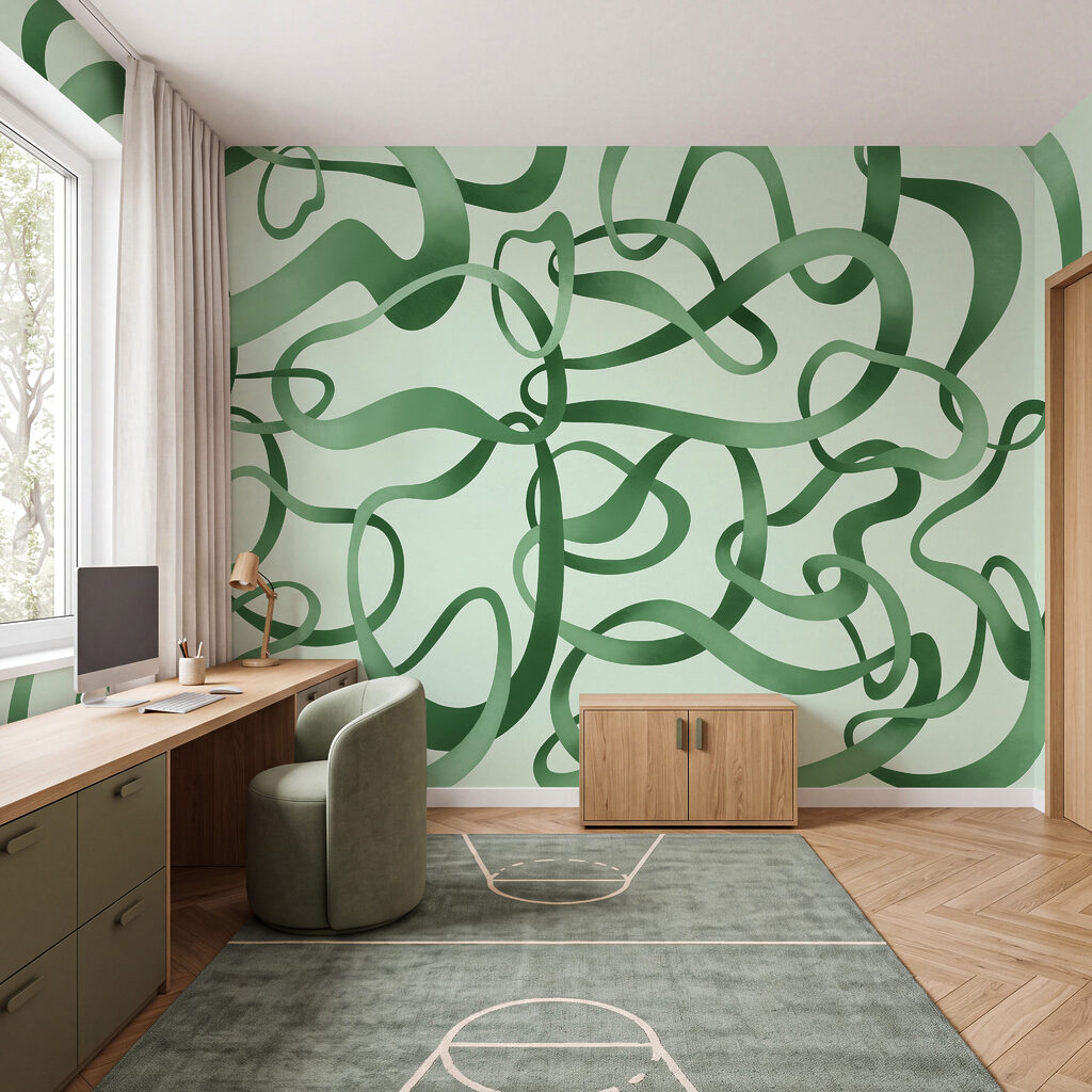 Wall mural Green curly lines on a white background (SKU: t01168v2) Wall mural Green curly lines on a white background (SKU: t01168v2)