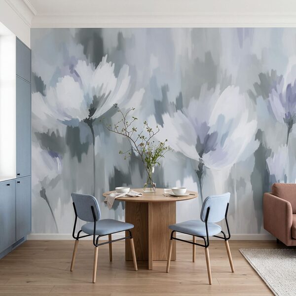 Wall mural Painting of flowers in grey and white (SKU: t01189v2) Wall mural Painting of flowers in grey and white (SKU: t01189v2)