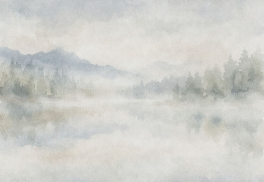 Wall mural Foggy landscape with trees and mountains (SKU: t01162v1)