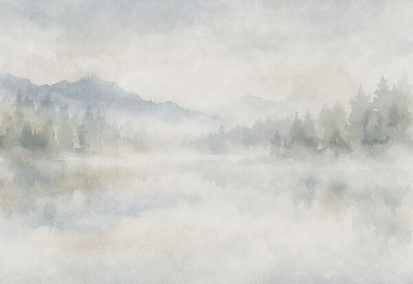 Wall mural Foggy landscape with trees and mountains (SKU: t01162v1)