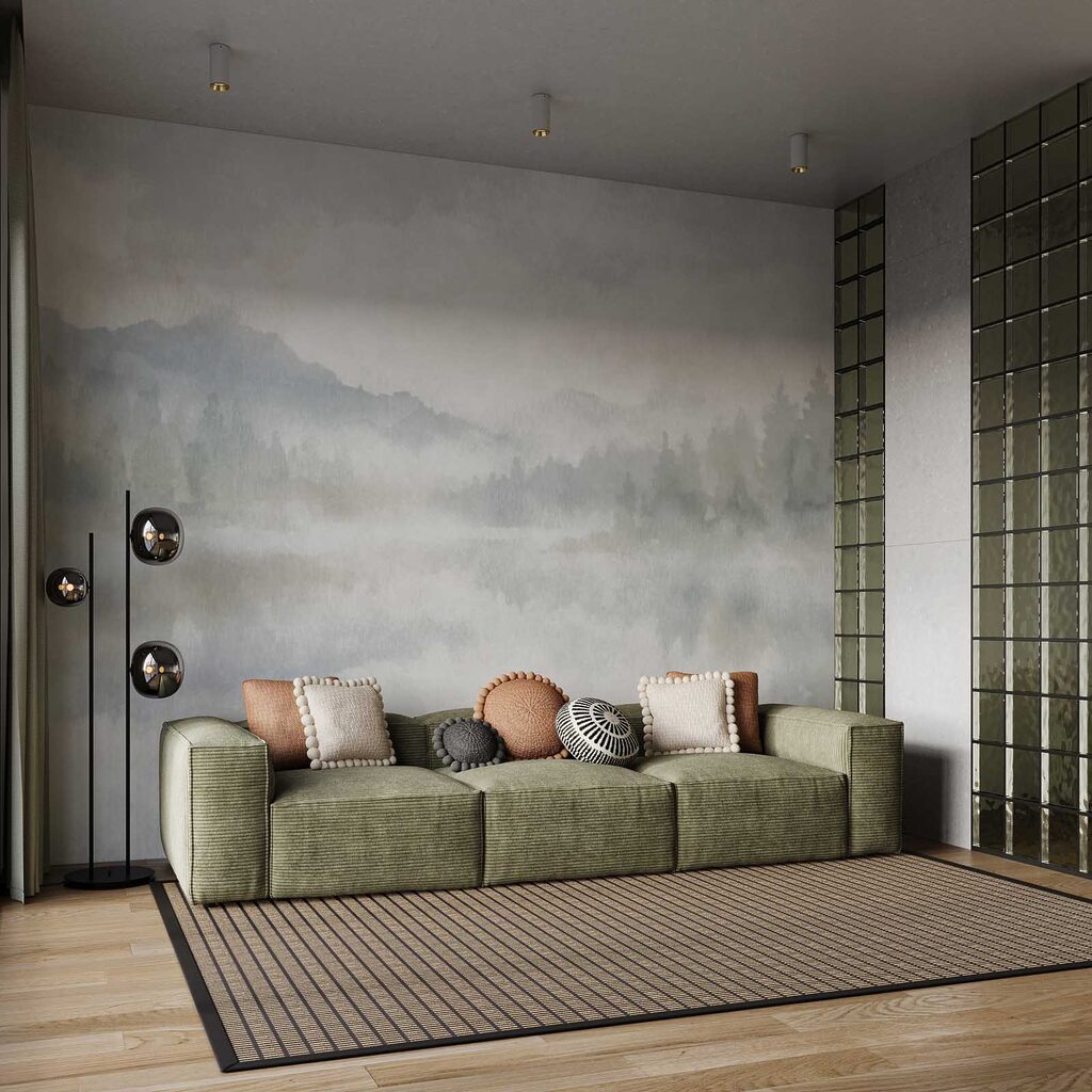 Wall mural Foggy landscape with trees and mountains (SKU: t01162v1)