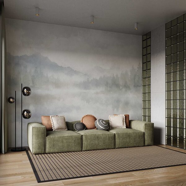 Wall mural Foggy landscape with trees and mountains (SKU: t01162v1)
