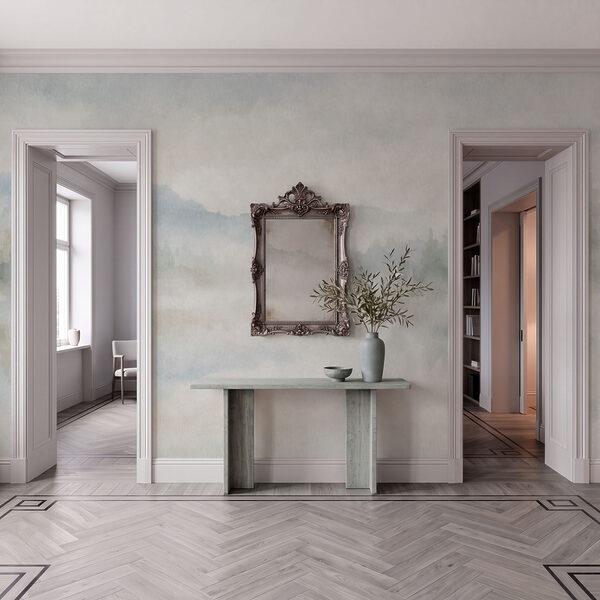 Wall mural Foggy landscape with trees and mountains (SKU: t01162v1)