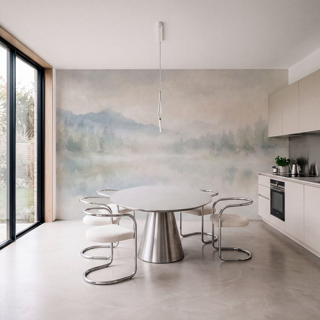 Wall mural Foggy landscape with trees and mountains (SKU: t01162v1)