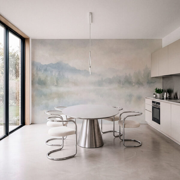 Wall mural Foggy landscape with trees and mountains (SKU: t01162v1)