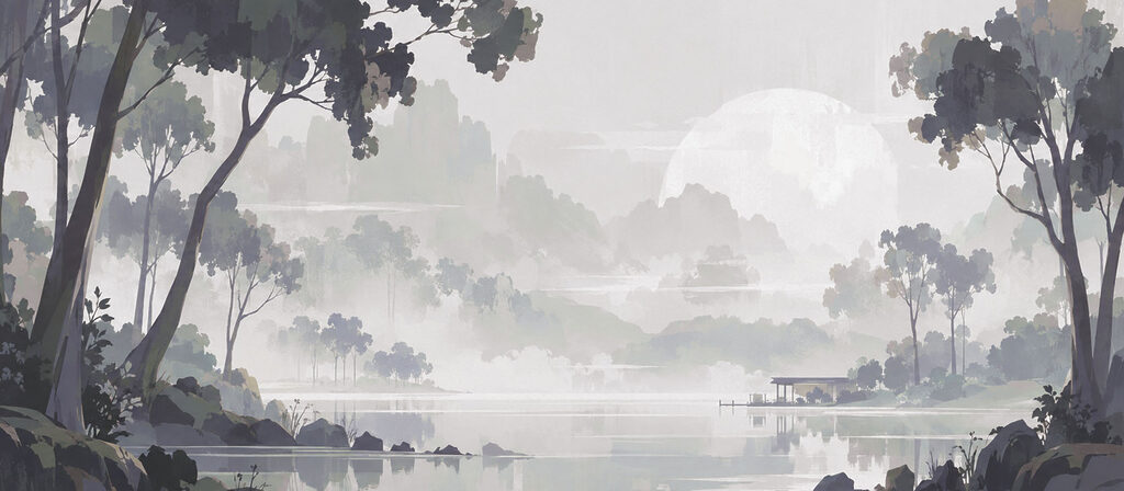 Wall mural Landscape of a lake with a house and trees (SKU: t01150) Wall mural Landscape of a lake with a house and trees (SKU: t01150)