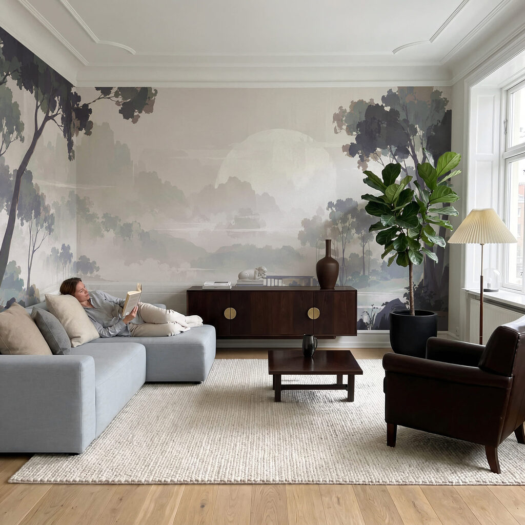 Wall mural Landscape of a lake with a house and trees (SKU: t01150) Wall mural Landscape of a lake with a house and trees (SKU: t01150)
